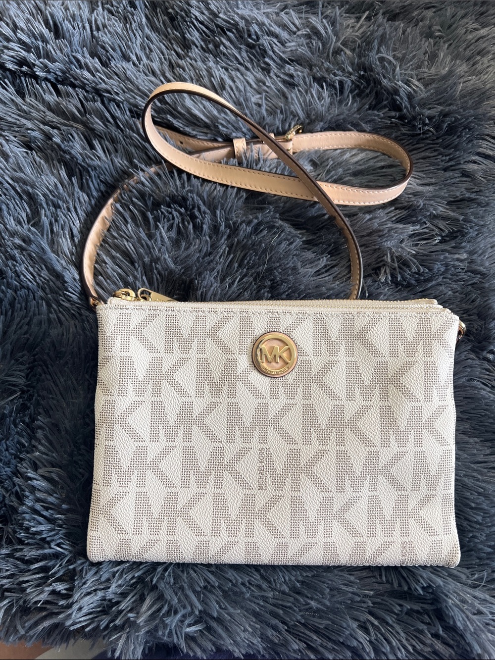 Michael Kors Beige Cream MK Logo Crossbody Bag with Gold Accent